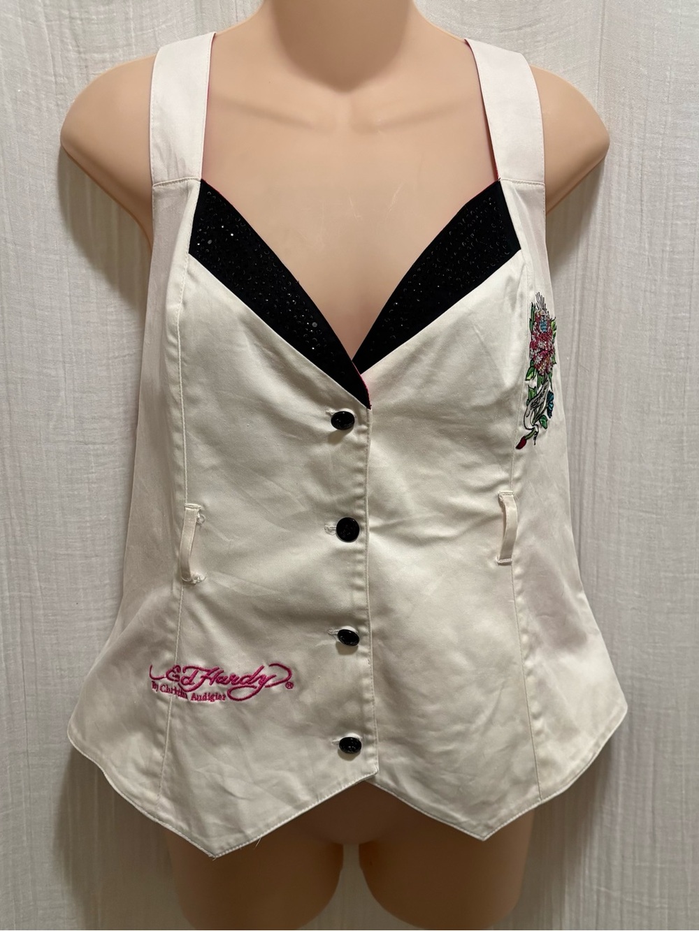 RARE Y2K Ed Hardy White Sleeveless Embroidered Button Vest with Black Lining XL